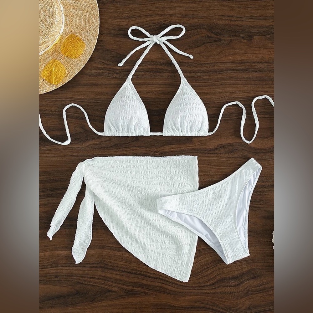 NEW shein Textured Halter Triangle Bikini Swimsuit with Beach Skirt Set White M